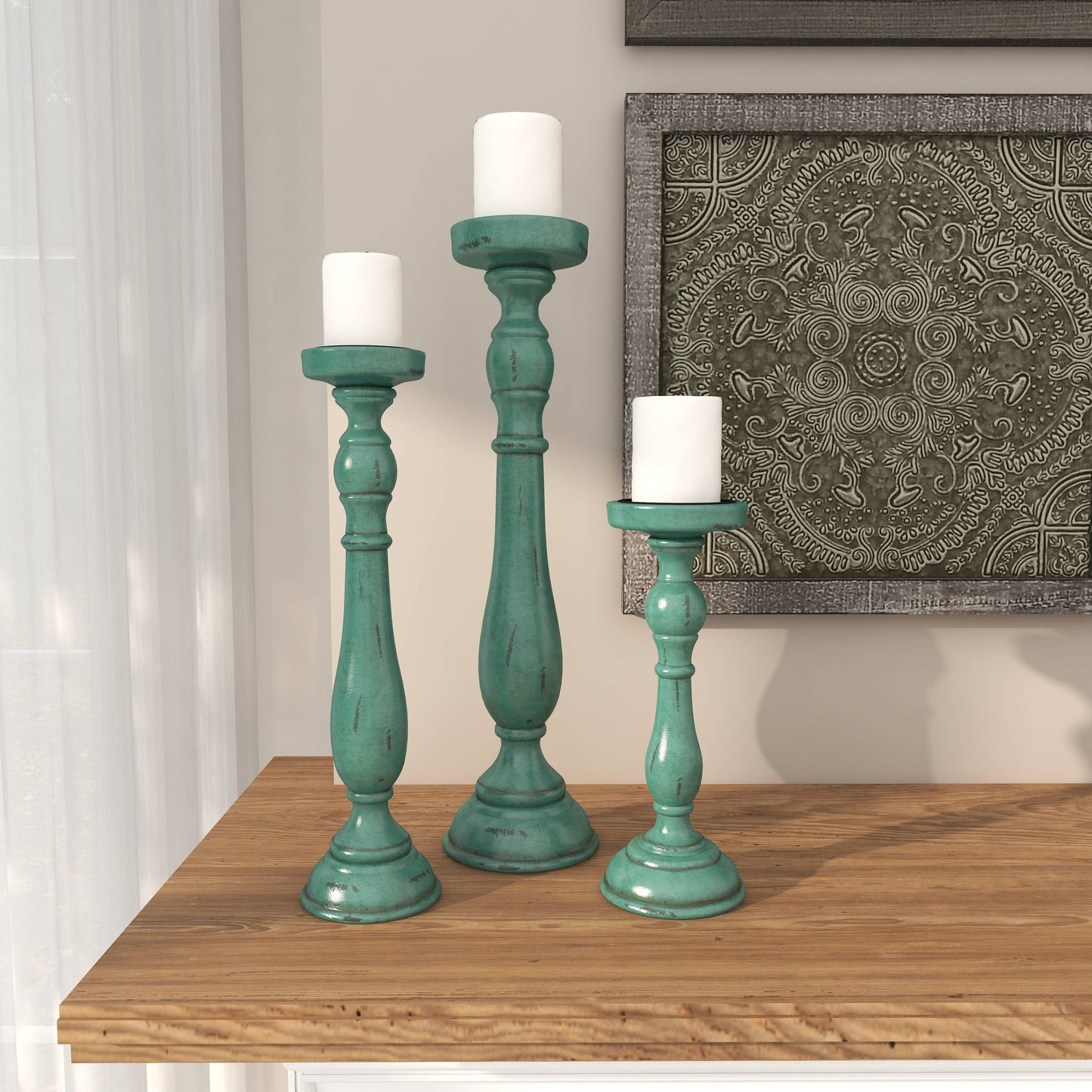Traditional Teal Wooden Candle Holder Set
