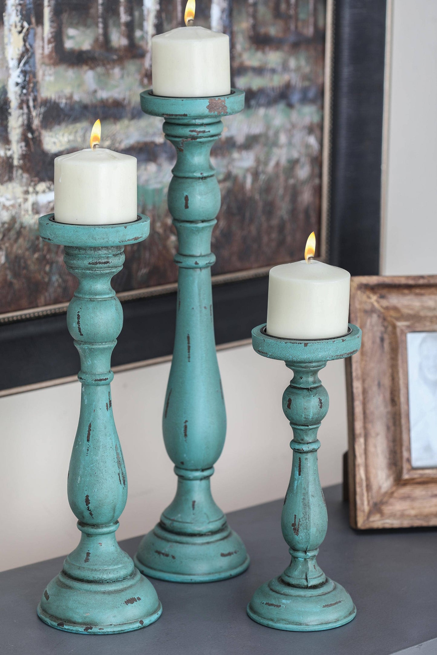 Traditional Teal Wooden Candle Holder Set
