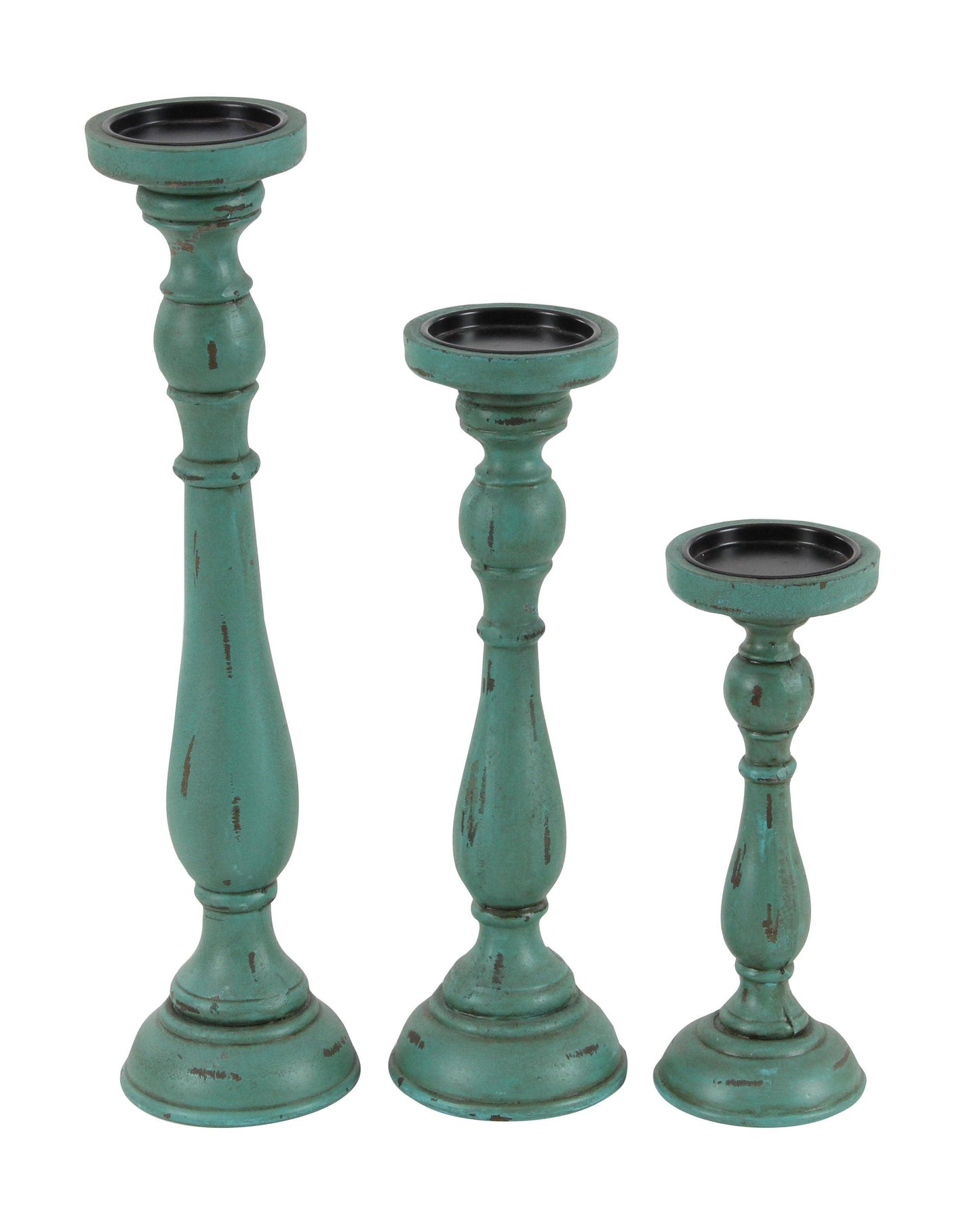 Traditional Teal Wooden Candle Holder Set