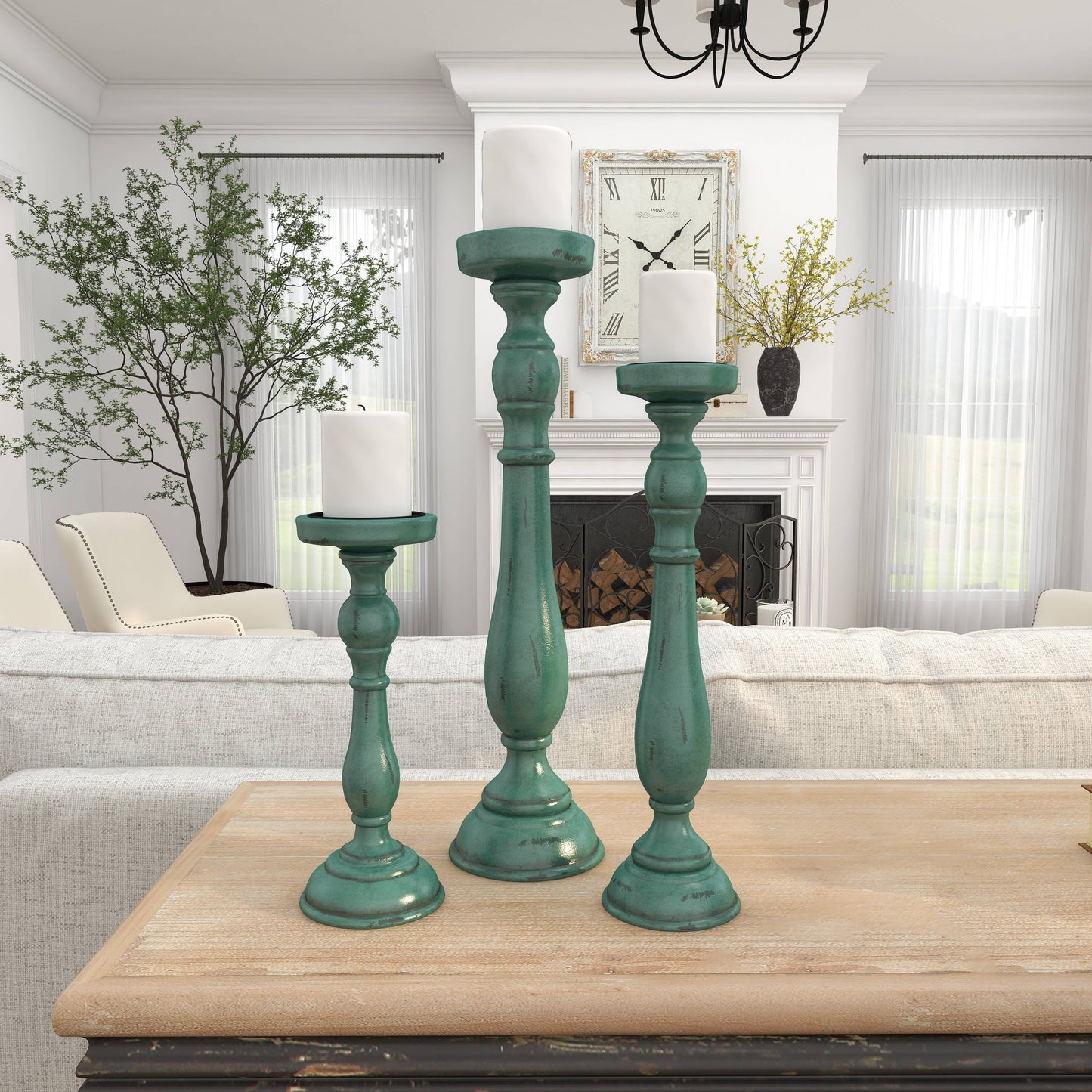 Traditional Teal Wooden Candle Holder Set