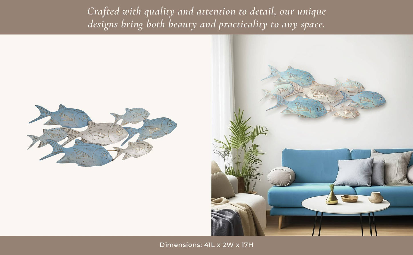Wall Decor - Blue Metal Coastal School of Fish, 41x17 in.
