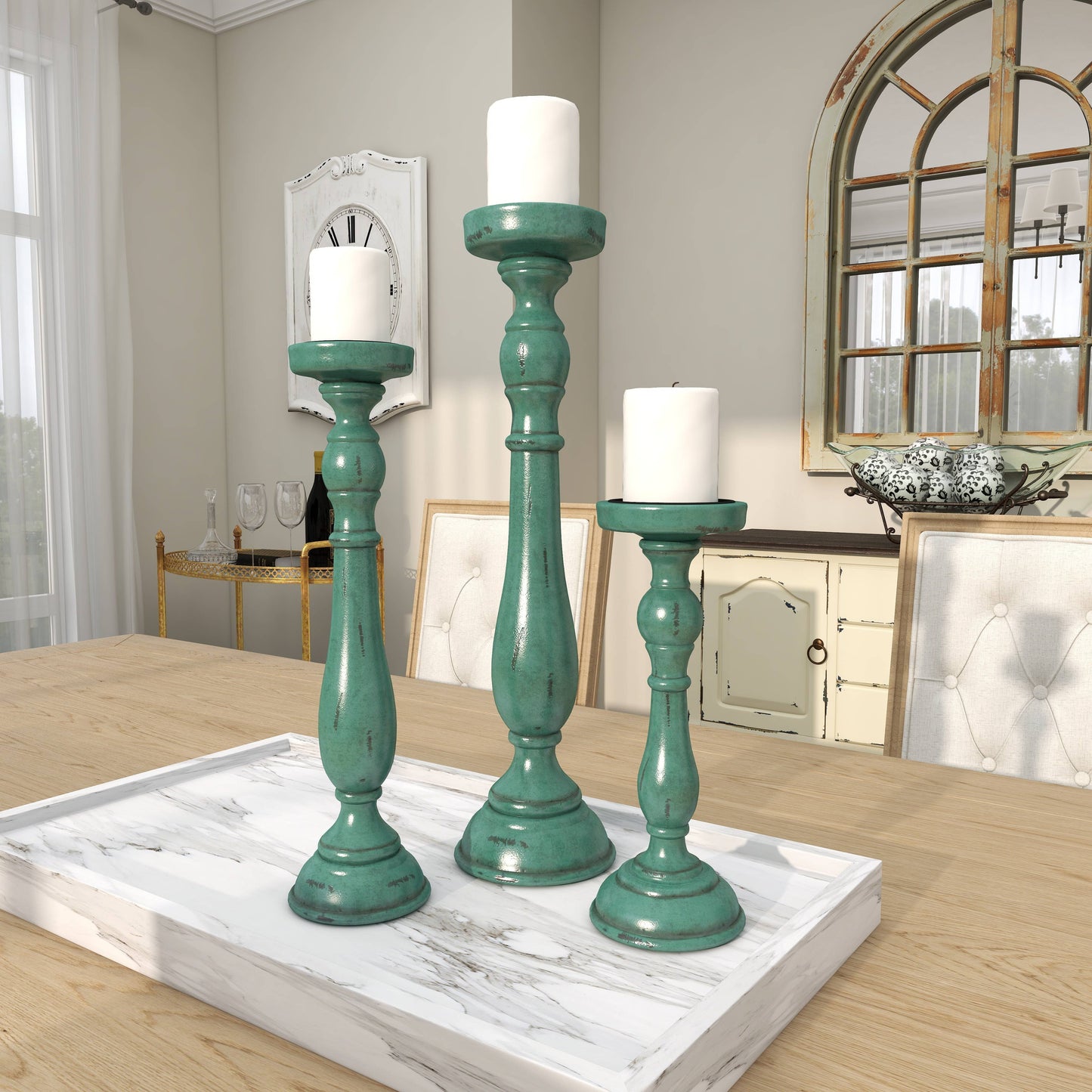 Traditional Teal Wooden Candle Holder Set