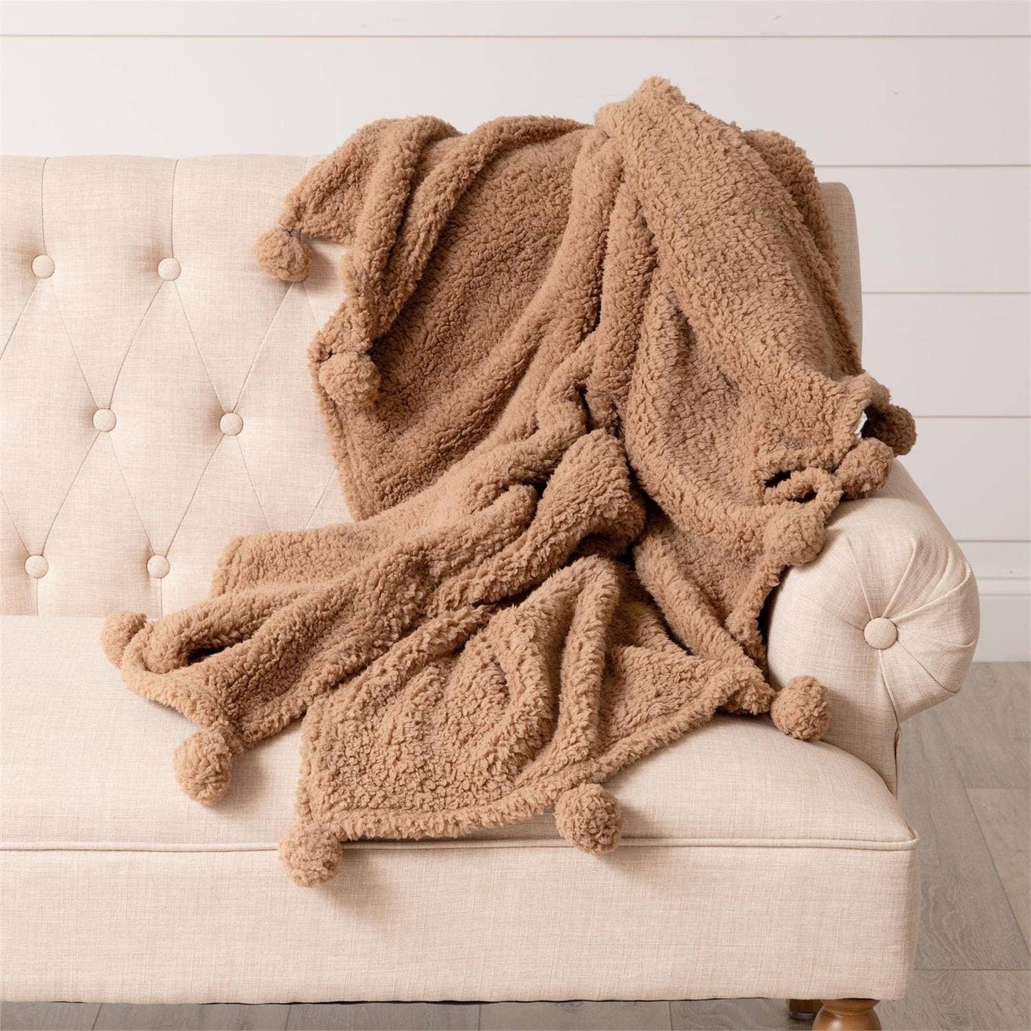 Dreamy Taupe Sherpa Throw With Pom Poms (PC) | SALE