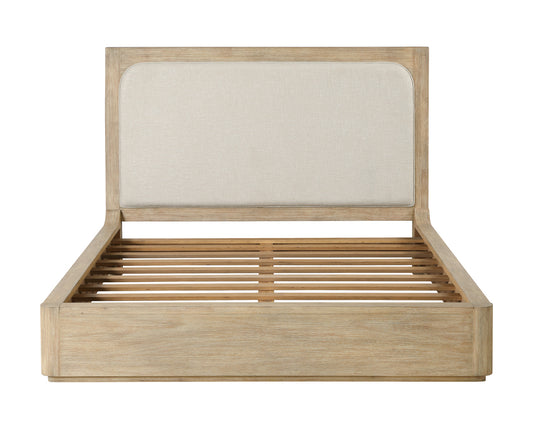 Hyde Park Queen Platform Solidwood Bed w/ Upholsteredolstered Headboard with Stylish Weathered Tan Natural Finish and Cream Fabric