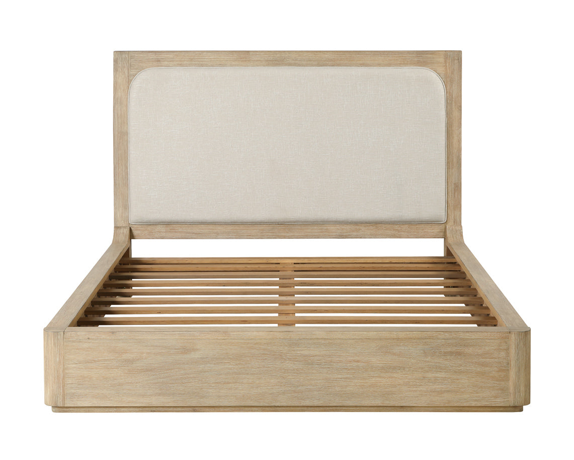 Hyde Park King Platform Solidwood Bed w/ Upholsteredolstered Headboard with Stylish Weathered Tan Natural Finish and Cream Fabric