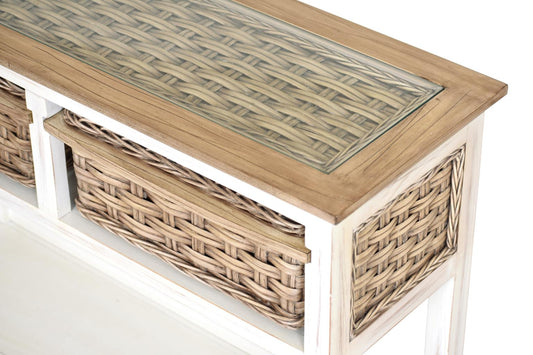 Island Breeze Console Table (2 Basket) Weathered Wood/White Finish
