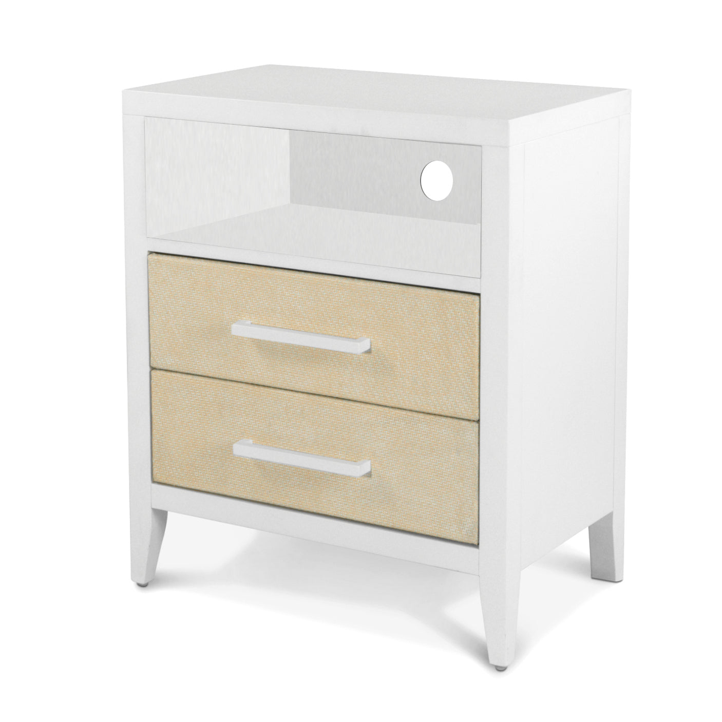 Miramar 2 Drawer Woven Nightstand with Power and USB A + C Sand and Stark White Finish