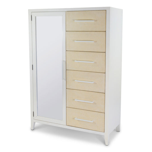 Miramar Woven Mirrored Door Chest Sand and Stark White Finish