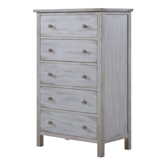 Geneva 5 Drawer Solidwood Chest with Elegant Distressed Grey White Finish