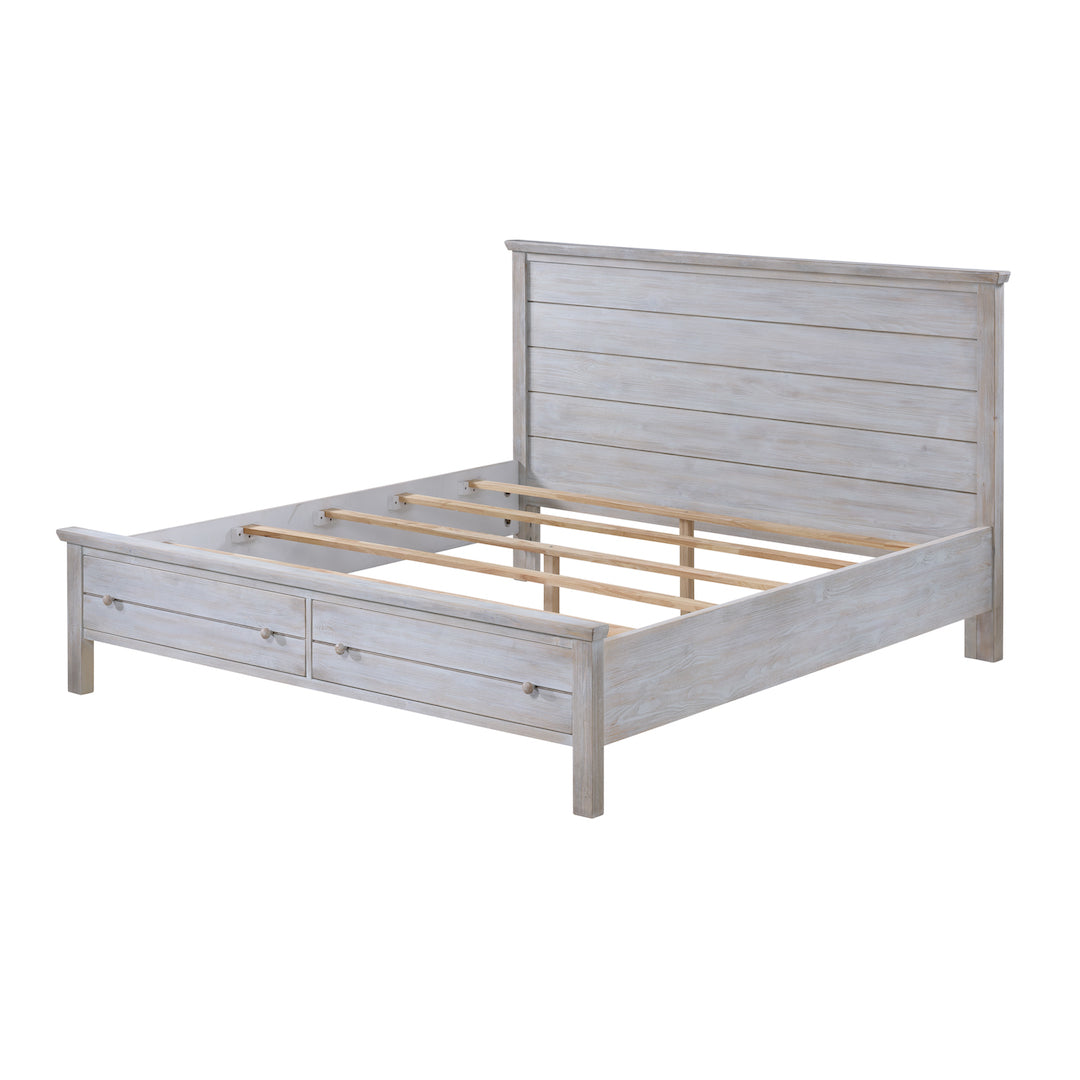 Geneva Queen Storage Solidwood Bed with Elegant Distressed Grey White Finish