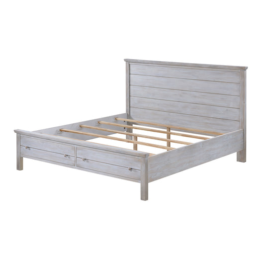 Geneva Queen Storage Solidwood Bed with Elegant Distressed Grey White Finish