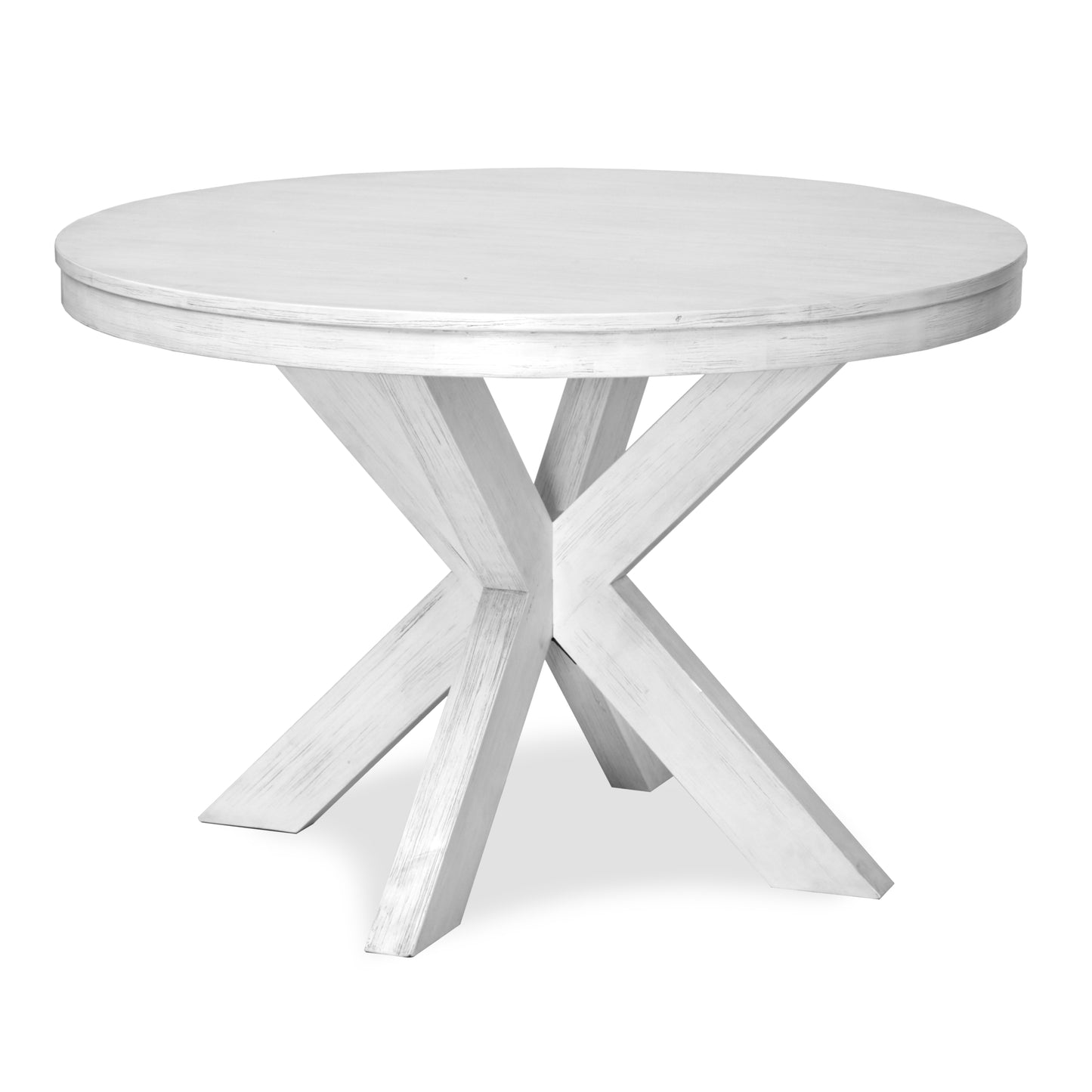 Surfside 45" Round Dining Table X Shaped Base Weathered White Finish