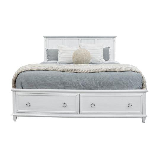 Point Breeze Queen Bed with Storage Fresh White Finish with Soft Grey Glaze