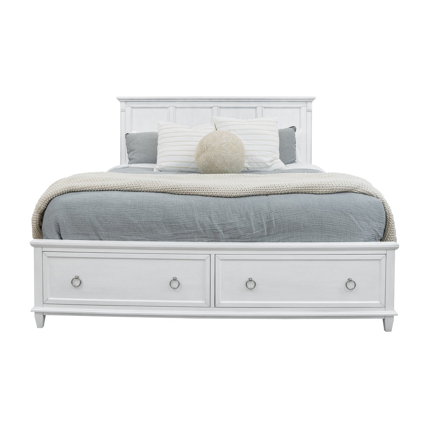 Point Breeze King Bed with Storage Fresh White Finish with Soft Grey Glaze
