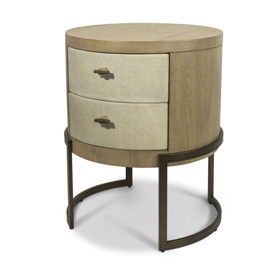 Rio Vista Woven 2 Drawer Round Accent Nightstand. Muted Earth Tones and Clay Finish