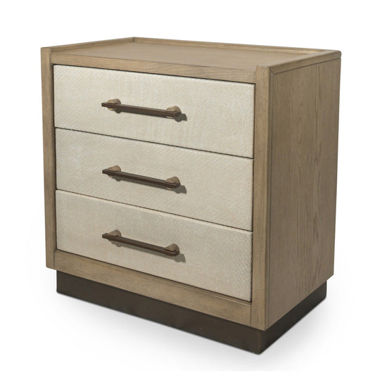 Rio Vista Woven 3 Drawer Nightstand w/ Power and USB A + C. Muted Earth Tones and Clay Finish
