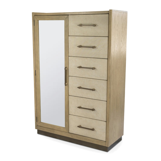 Rio Vista Woven Mirrored Door Chest. Muted Earth Tones and Clay Finish