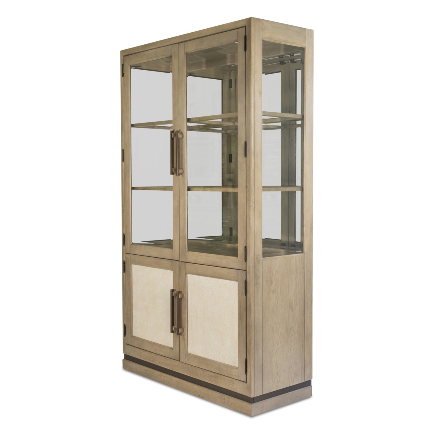 Rio Vista Bunching Curio with reversible panels and LED light. Muted Earth Tones and Clay Finish