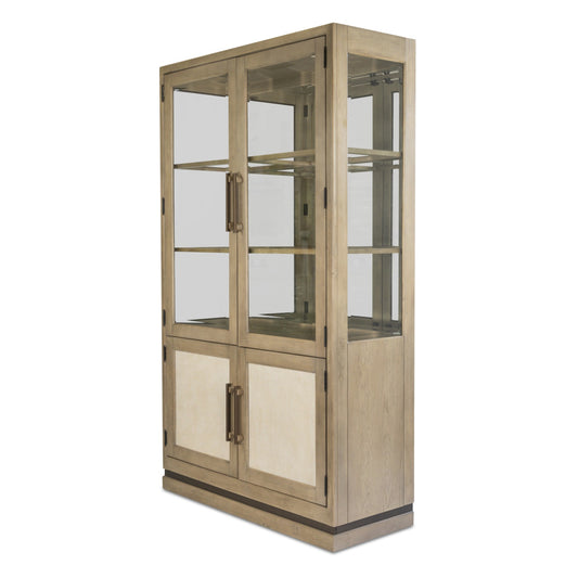 Rio Vista Bunching Curio with reversible panels and LED light. Muted Earth Tones and Clay Finish