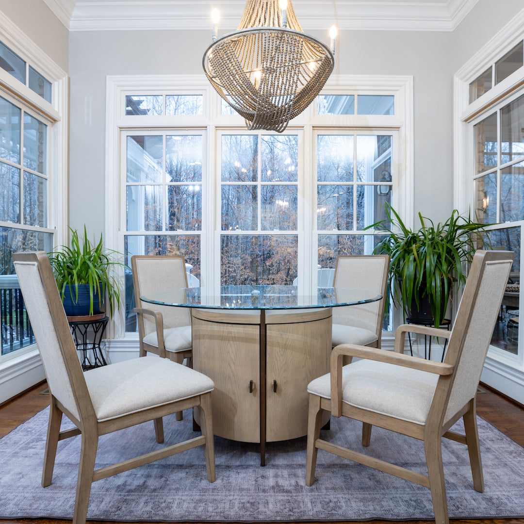 Rio Vista 54" Round Dining Table with Storage and Tempered Beveled Glass. Muted Earth Tones and Clay Finish