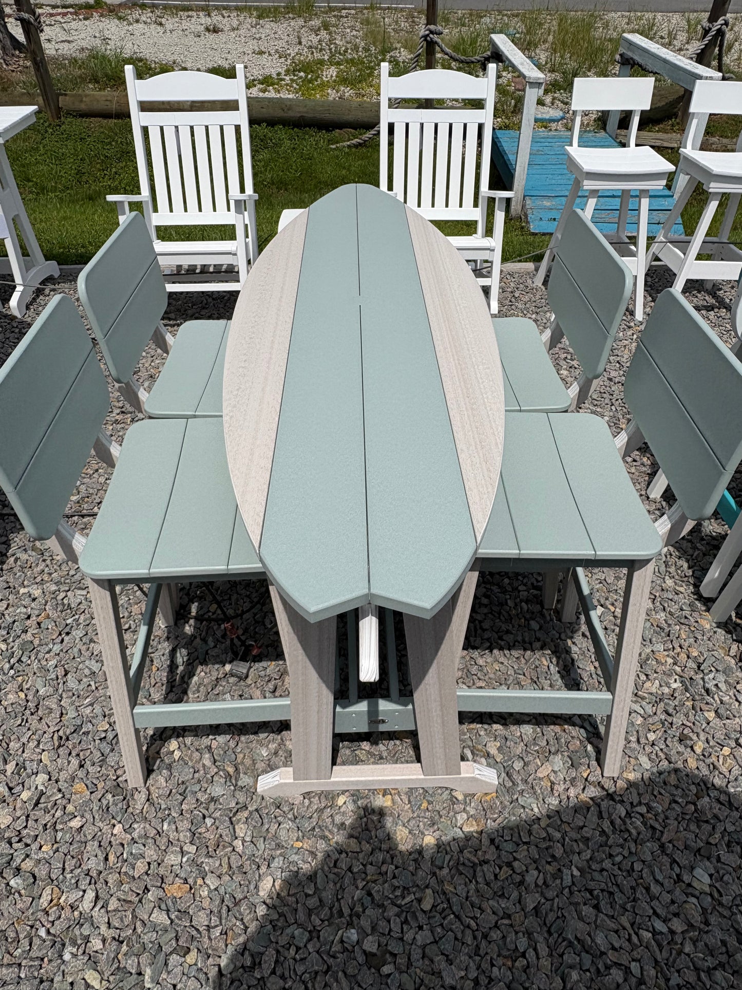 Beaver Dam 6' Poly Surfboard Table & 4 Saddle Stools w/ Backs