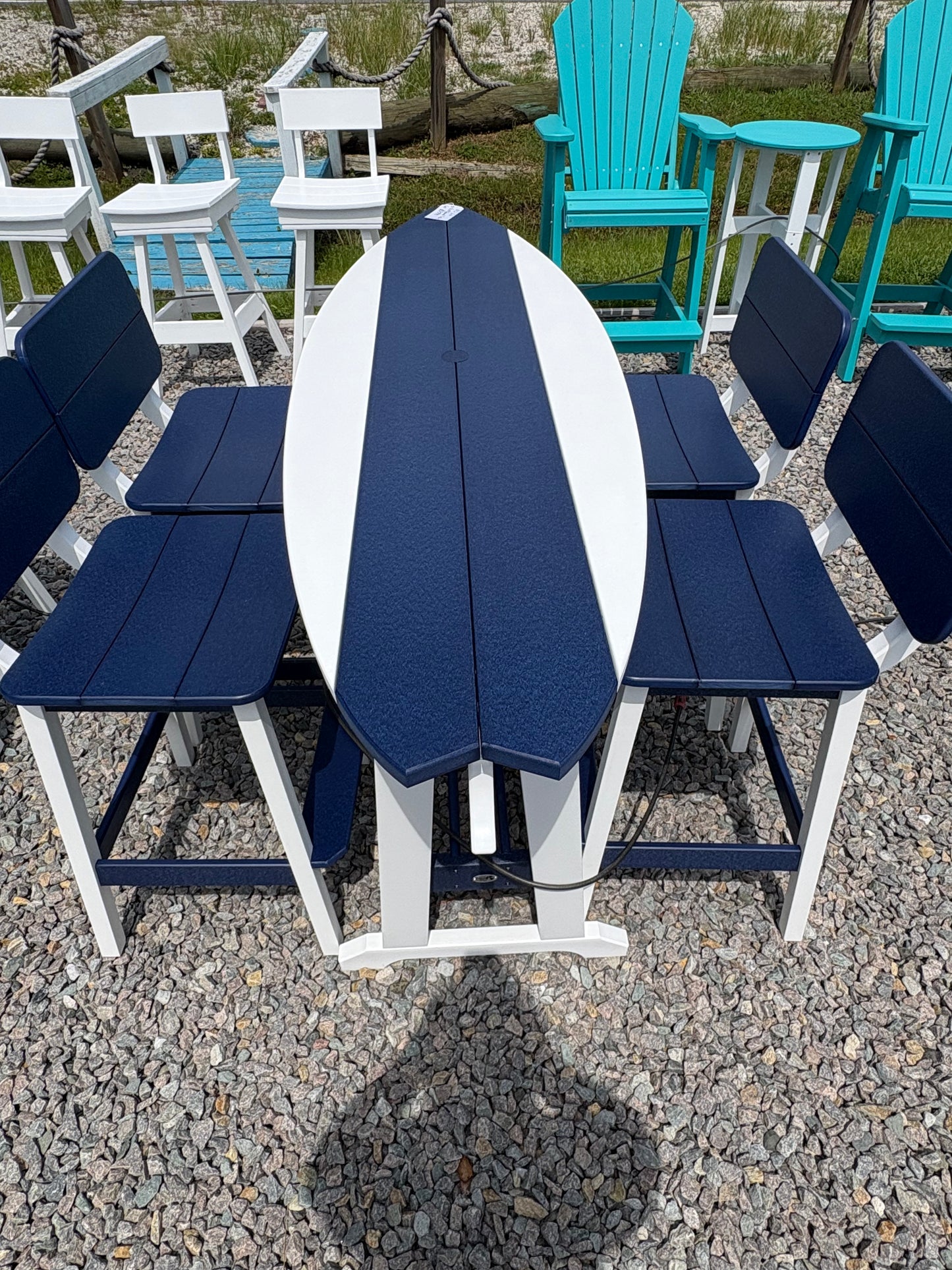 Beaver Dam 6' Poly Surfboard Table & 4 Saddle Stools w/ Backs