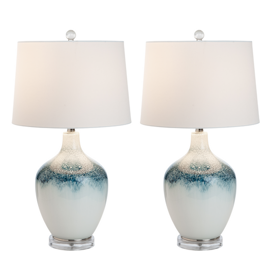 Lux Lighting Baldwyn Coastal Ombre Blue/White Glass Table Lamps with Linen Shade - Set of 2