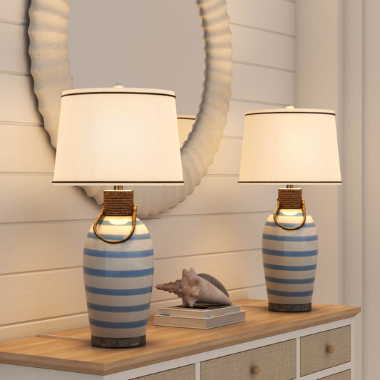 Harbor, 28" Blue Striped Ceramic Table Lamp w/ rope (Set of 2)