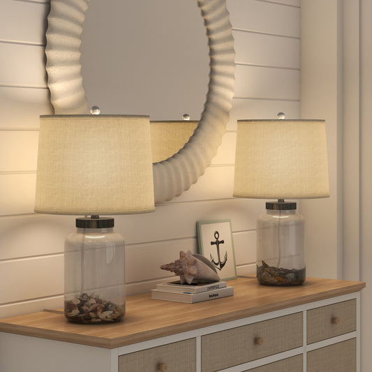 Shoreline Treasures, 27" Glass Table Lamp w/ Seashells and Burlap Shade (Set of 2)