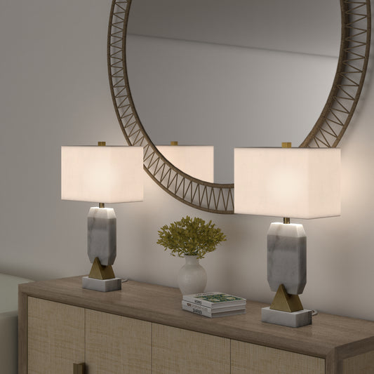 Elizabeth, 27" White Marble & Gold Table Lamps (Set of 2, Luxe Glam Style)