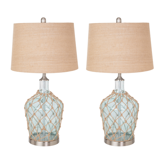 Lux Lighting 28" Light Blue Semi-Clear Coastal Glass Jug Table Lamp with Rope (Set of 2) 3-Way Switch
