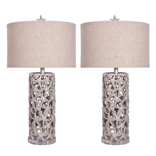 Lux Lighting 30" Elegant Starfish Silver/Gold Table Lamps with Linen Shade (Set of 2) 3-Way Switch