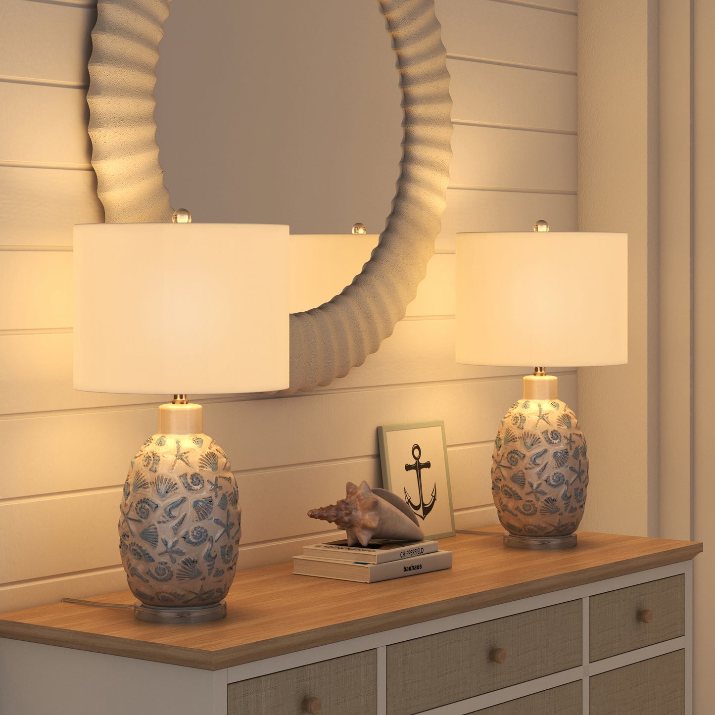 Lux Lighting Ceramic Sea Shell Coastal White and Blue Table Lamps (Set of 2) 3-Way Switch