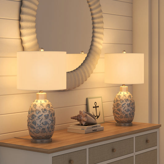 Lux Lighting Ceramic Sea Shell Coastal White and Blue Table Lamps (Set of 2) 3-Way Switch