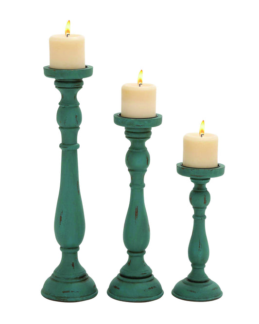 Traditional Teal Wooden Candle Holder Set