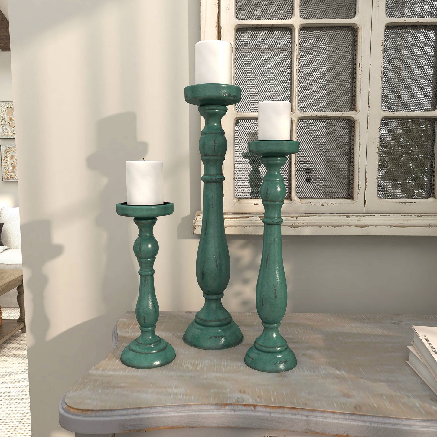 Traditional Teal Wooden Candle Holder Set