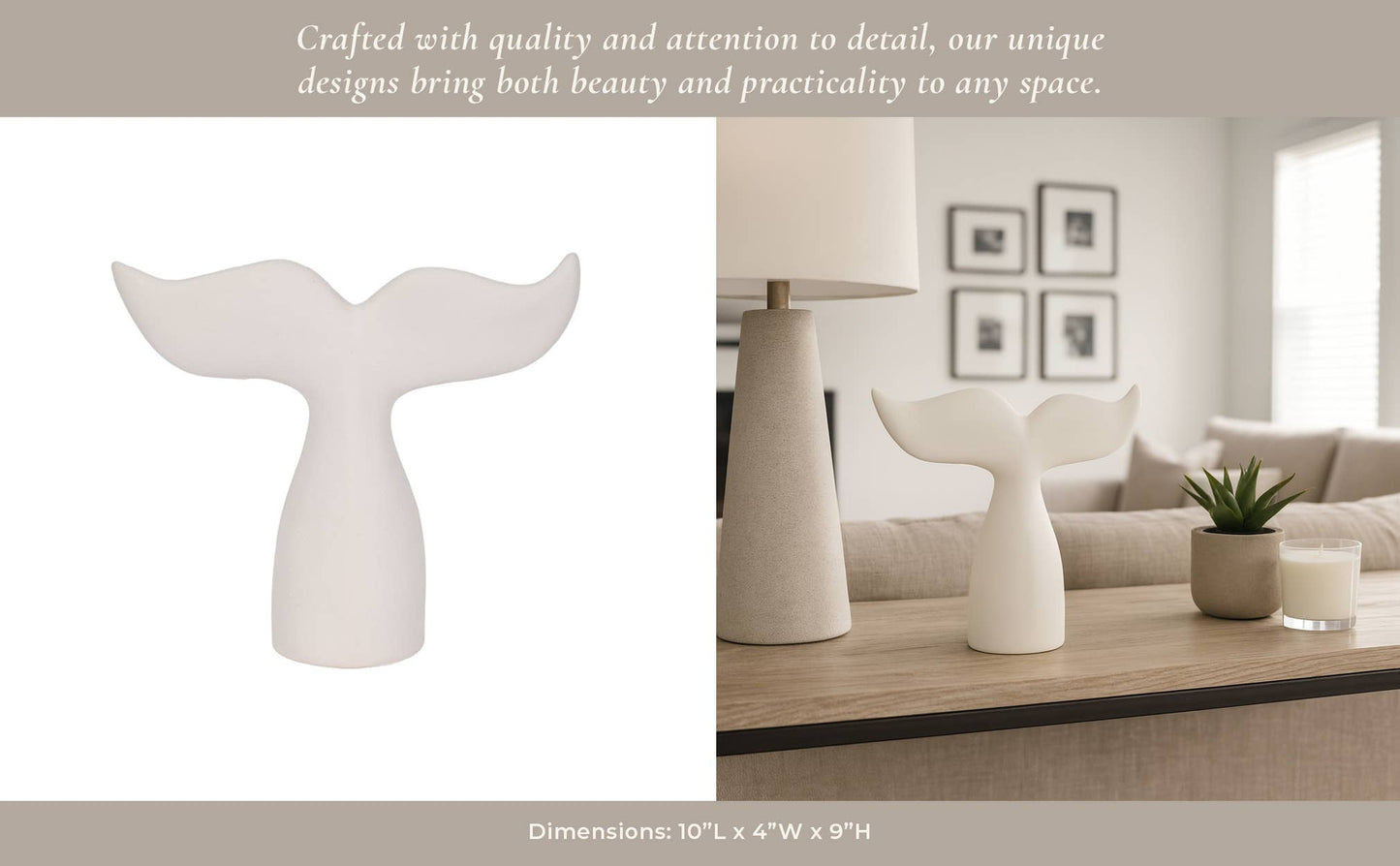 Figurine - White Ceramic Textured Whale Tail, 10 in.