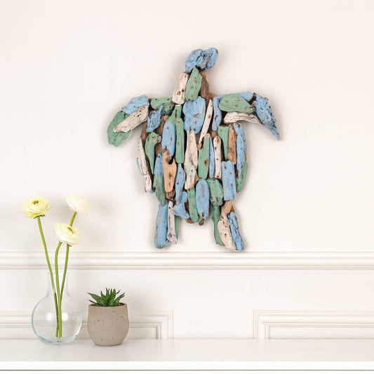 Decorative Figurine - Blue Wood Coastal Turtle, 15 in.
