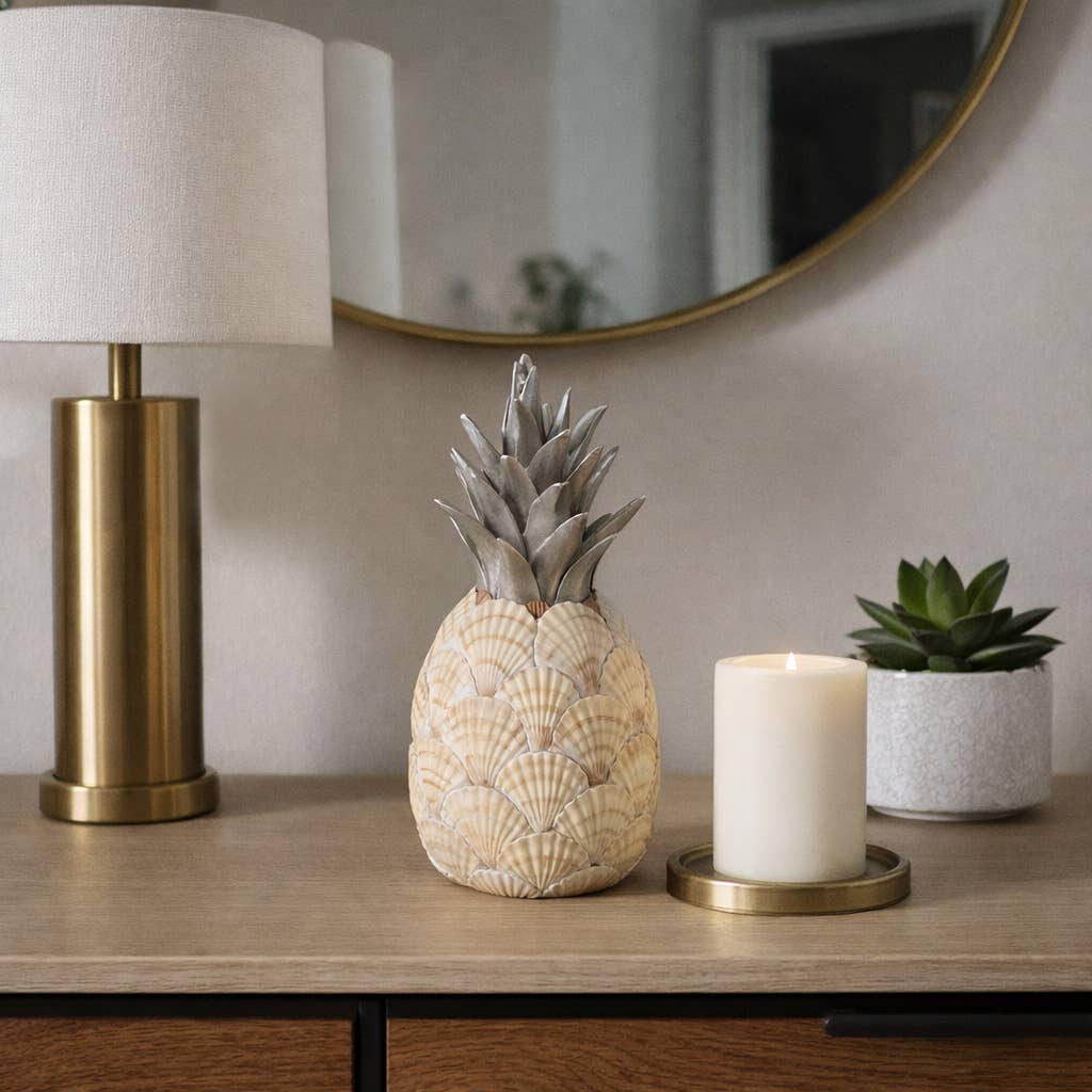 Sculpture - Ivory/Green Resin Seashell Pineapple, 13 in.