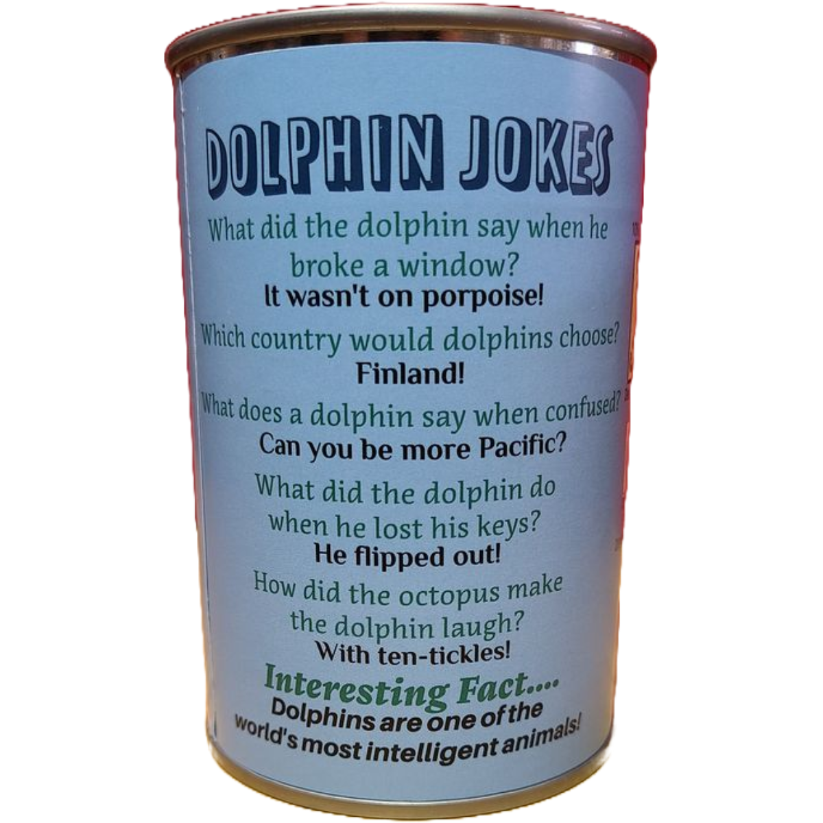 Flip the Canned Dolphin | Stuffed Animal Plush w/Jokes |Gift: Pop Top Lid