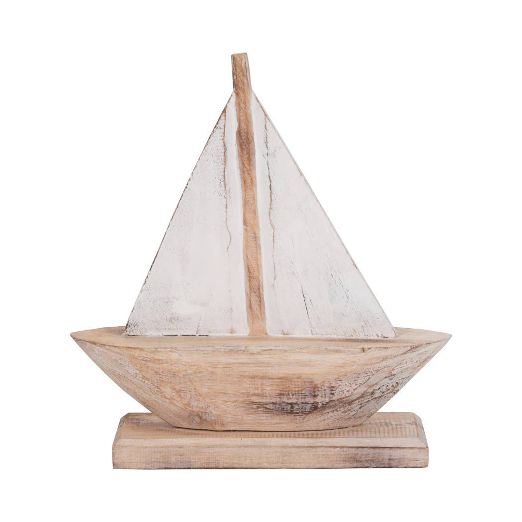 Brown/White 14 in. Wood Coastal Sailboat Sculpture