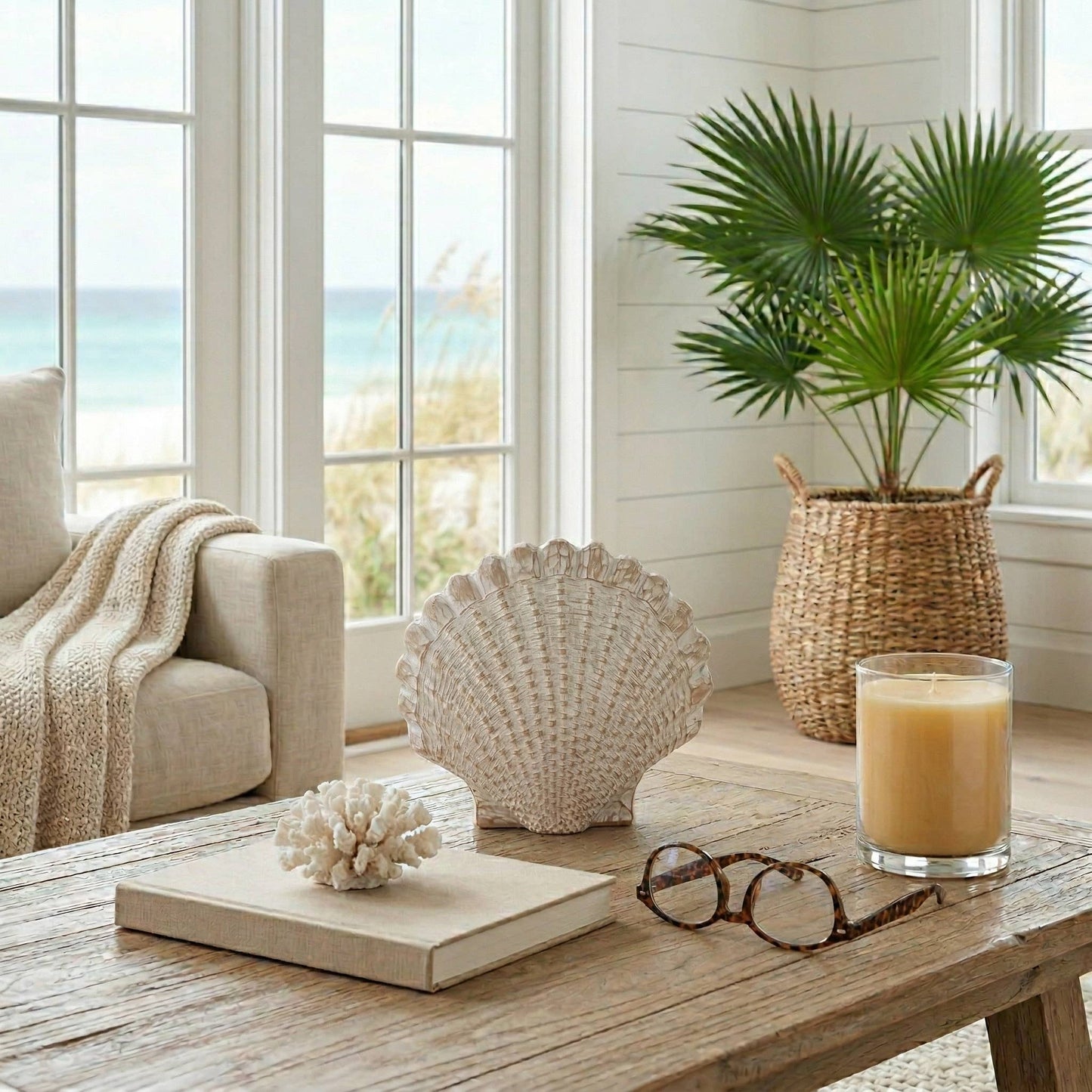 White 8 in. Resin Sea Scallop Shell Woven Pattern Figurine