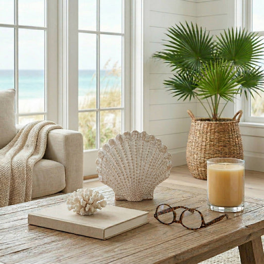 White 8 in. Resin Sea Scallop Shell Woven Pattern Figurine