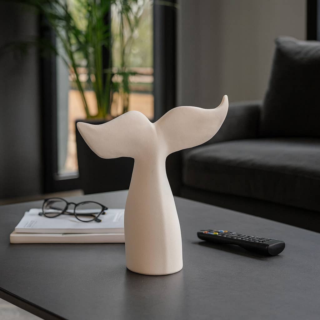 Figurine - White Ceramic Textured Whale Tail, 10 in.