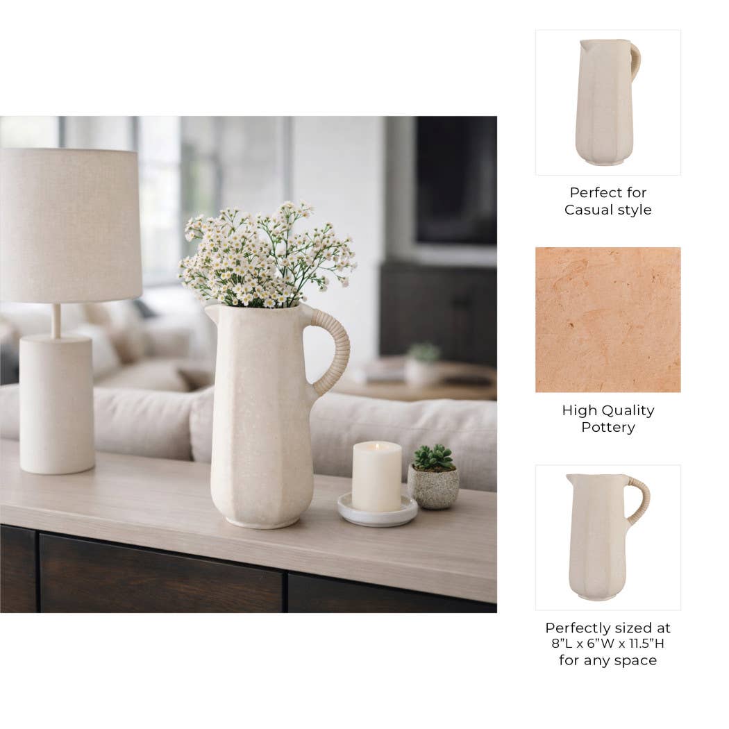 Decorative Vase - Ivory Paper Mache with Rattan Handle, 11in
