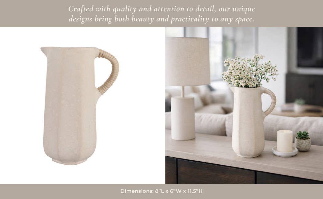 Decorative Vase - Ivory Paper Mache with Rattan Handle, 11in