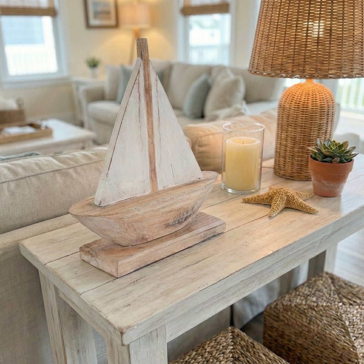 Brown/White 14 in. Wood Coastal Sailboat Sculpture