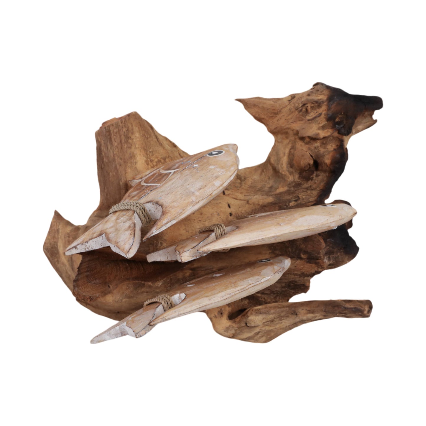 Figurine - Brown Wood Swimming Fish on Branch, 12 in