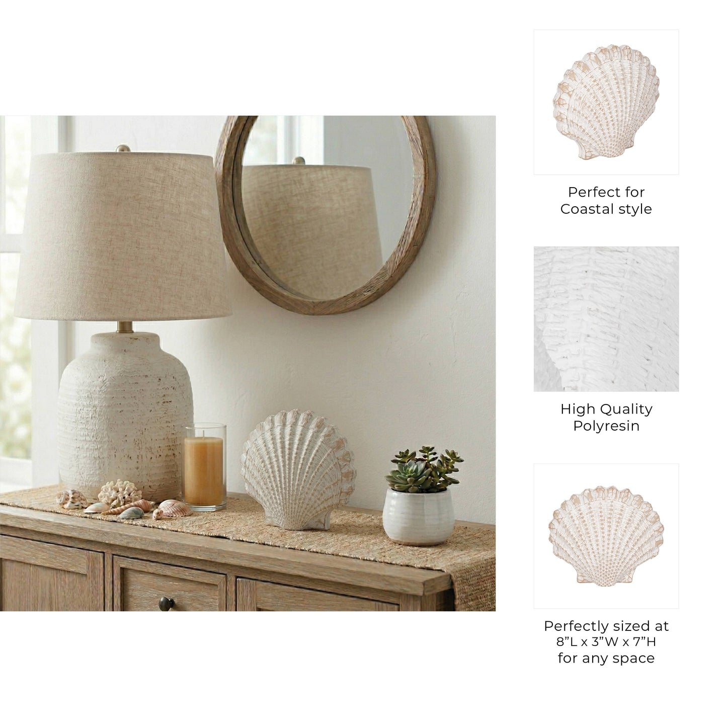 White 8 in. Resin Sea Scallop Shell Woven Pattern Figurine
