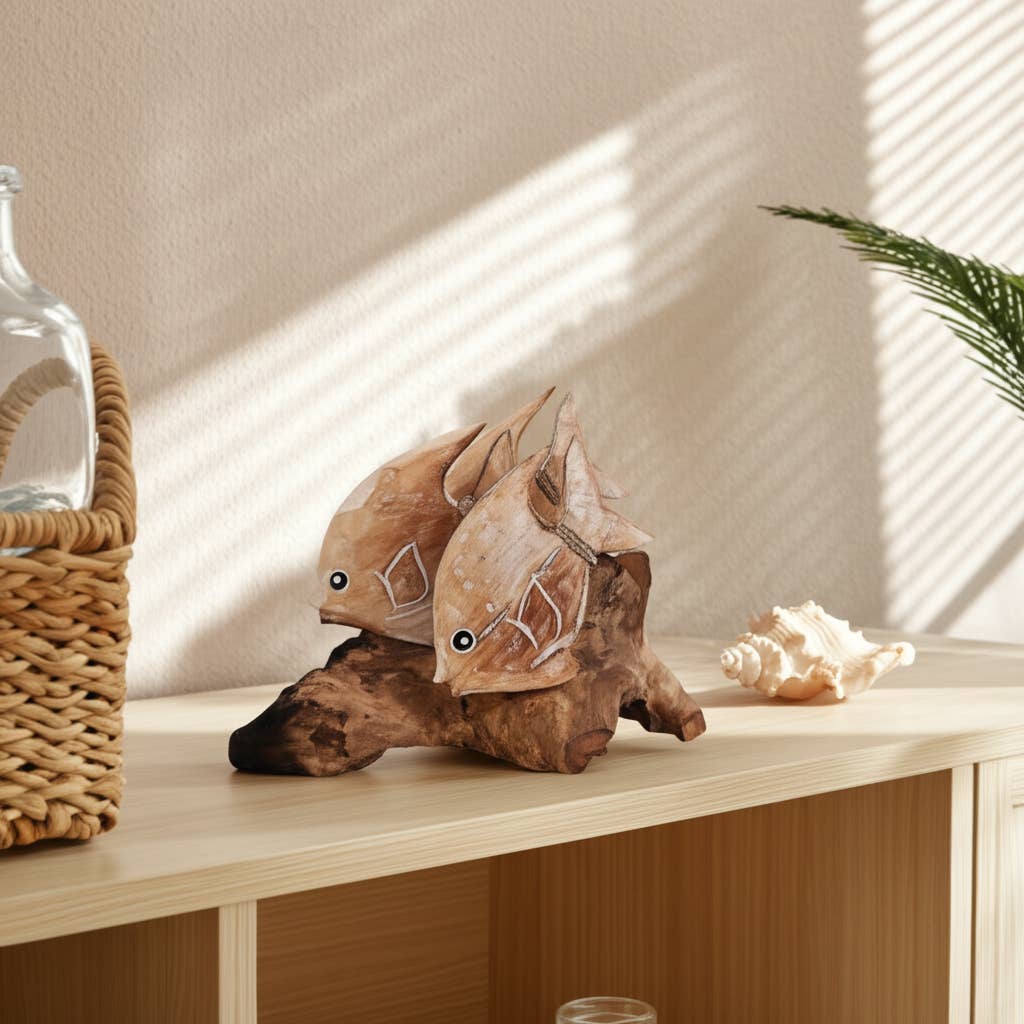 Figurine - Brown Wood Swimming Fish on Branch, 12 in